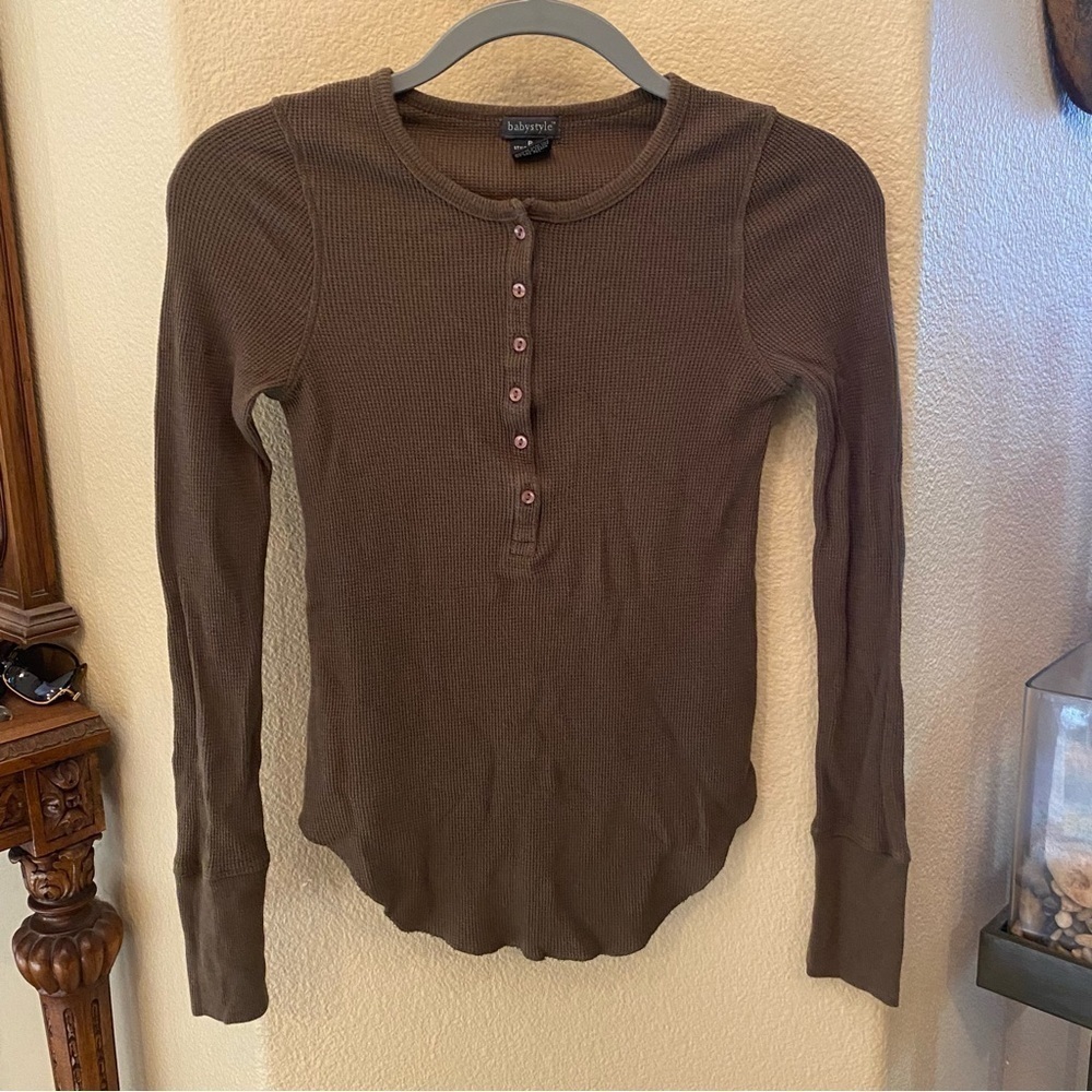 Vtg BABYSTYLE Women Olive Maternity Thermal Henley Long Sleeve Top Size Petite